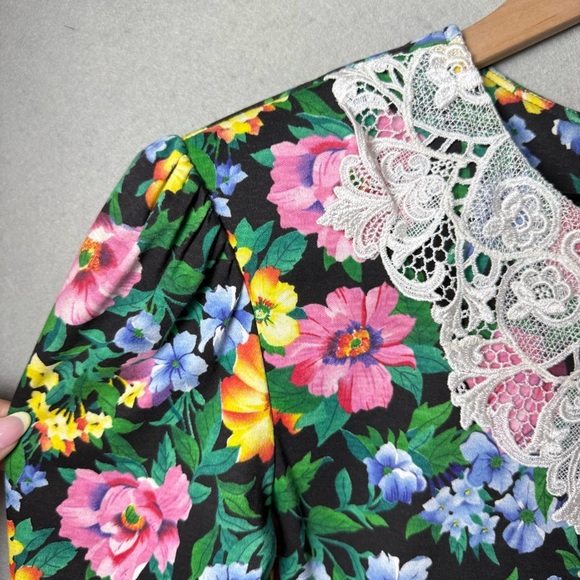 Expo Vintage Women's 80's Puff Sleeve Floral Cotton Blend Lace Collar Dress 10 - Picture 5 of 16